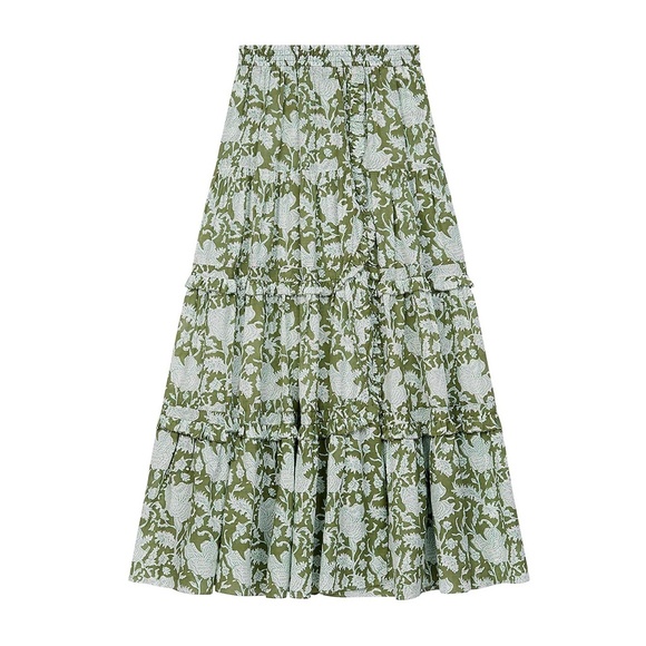 MAJE Jitale Printed Ruffled Maxi Skirt Green Cotton Voile US6 - Picture 4 of 13